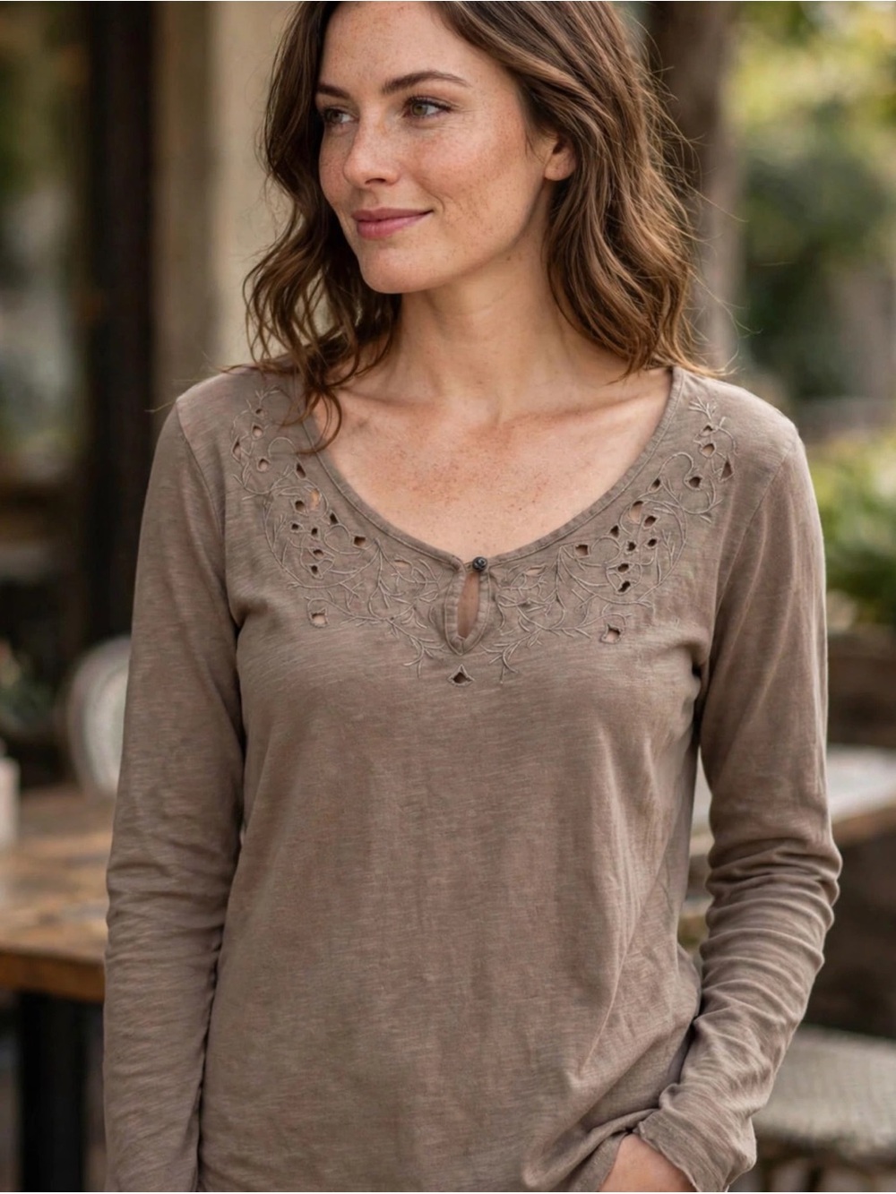 RXB Embroidered Scoop-Neck Long Sleeve Top - Tan
